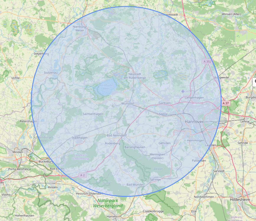 Karte mit 30-km-Praktikumsgrenze um Wunstorf