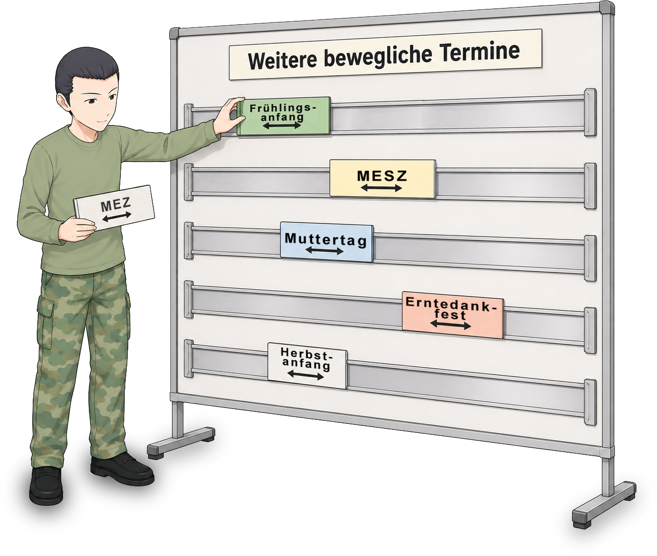 Teilnehmer ordnet bewegliche Termine auf einer Planungstafel mit verschiebbaren Schienen ein