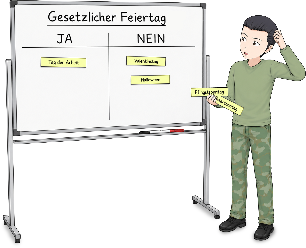 Teilnehmer steht ratlos vor einem Whiteboard und soll Ostersonntag und Pfingstsonntag als gesetzliche Feiertage einordnen