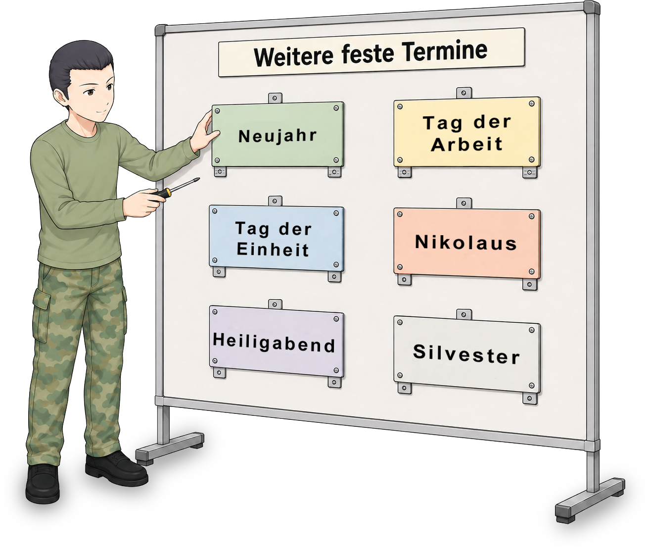 Teilnehmer prüft fest verschraubte Termine auf einer Planungstafel