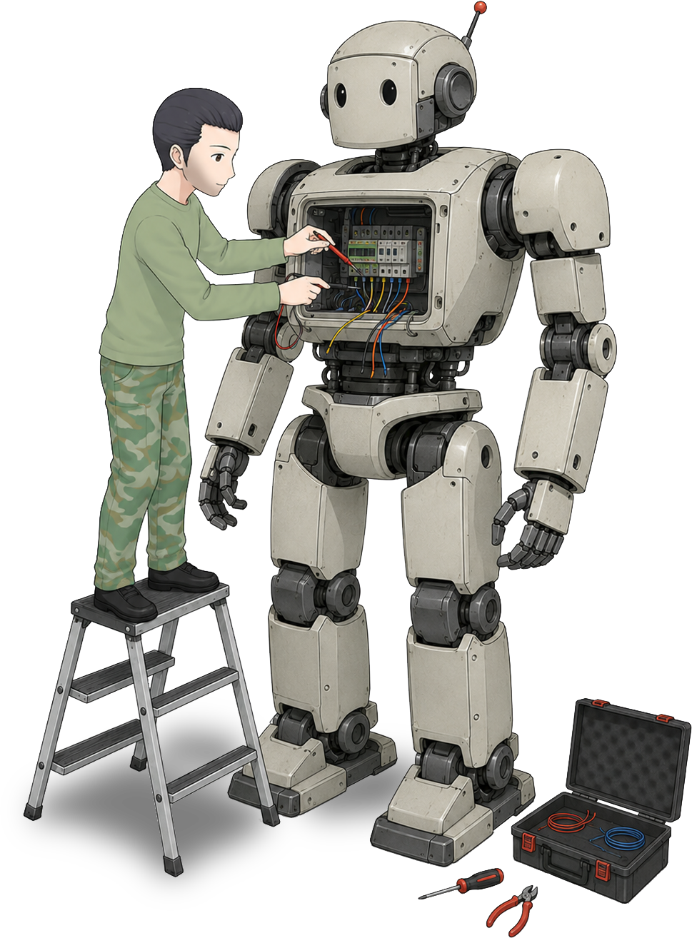 Teilnehmer misst an einem geöffneten Technikfach eines großen Roboters und zeigt damit Projektcharakter und fachlichen Inhalt